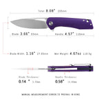 SHOOZIZ XUN120-PGS EDC knife dimensions, 8.08" total length, 3.66" blade, D2 steel, 118.5g weight.
