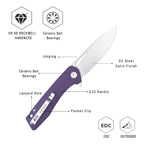 SHOOZIZ XUN120-PGS design features, D2 satin steel blade, ceramic ball bearings, purple G10 handle, 59-60 HRC.