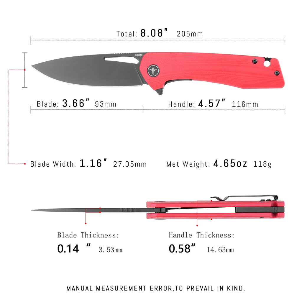 SHOOZIZ XUN120-RGB EDC knife dimensions, 8.08" total length, 3.66" blade, D2 steel, 118g weight.