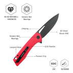SHOOZIZ XUN120-RGB design features, D2 black PVD steel blade, ceramic ball bearings, red G10 handle, 59-60 HRC.