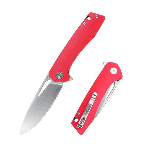 SHOOZIZ XUN120-RGS folding knife, D2 steel blade with satin finish, red G10 handle, liner lock.