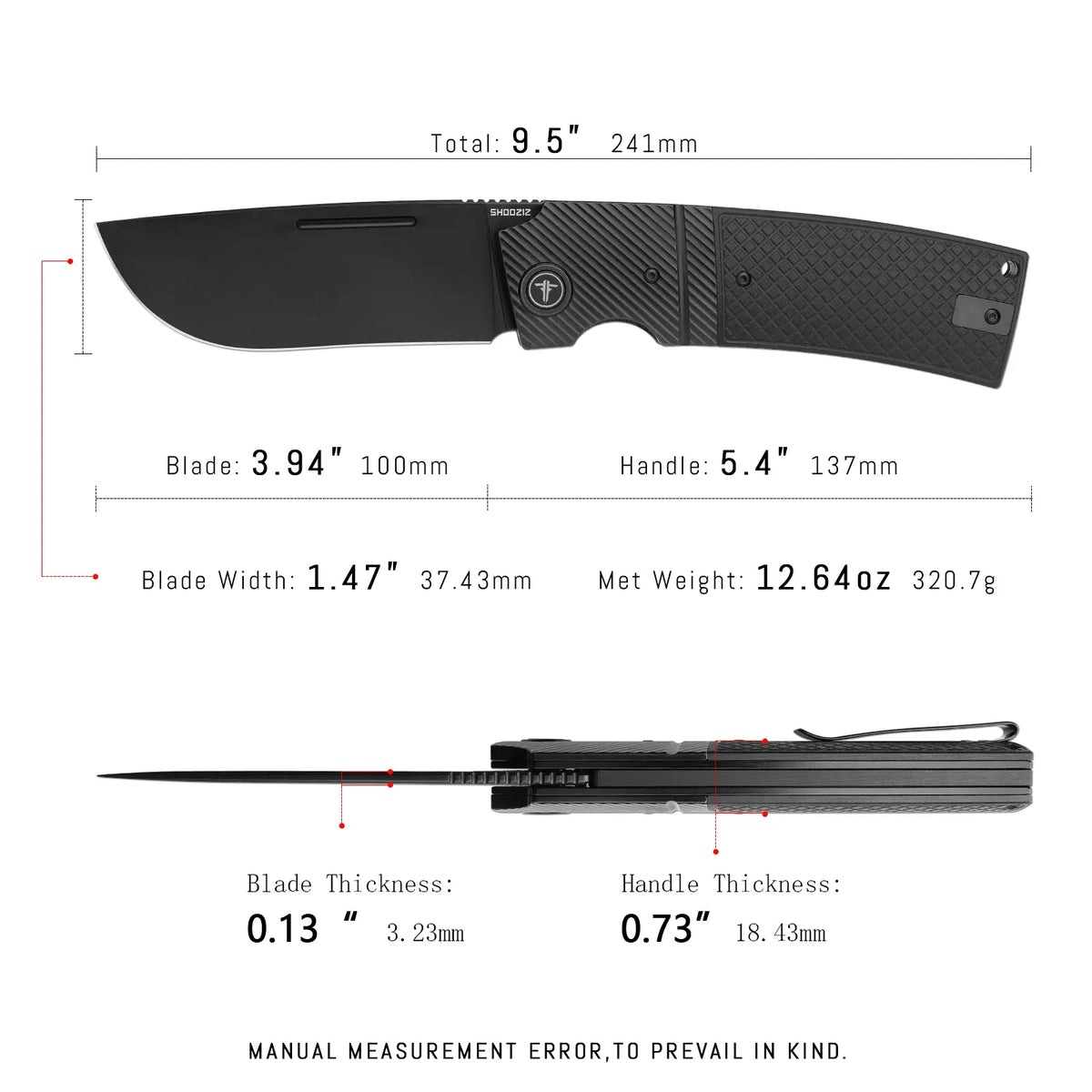 SHOOZIZ XUN122-BGB dimensions, 9.5" total length, 3.94" blade, 5.4" handle, 320.7g weight.