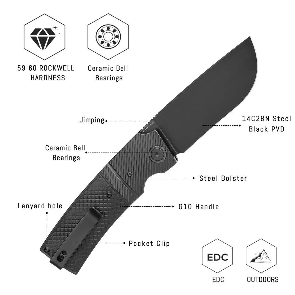 SHOOZIZ XUN122-BGB design features, 14C28N black PVD blade, ceramic ball bearings, steel bolster, black G10 handle, 59-60 HRC.