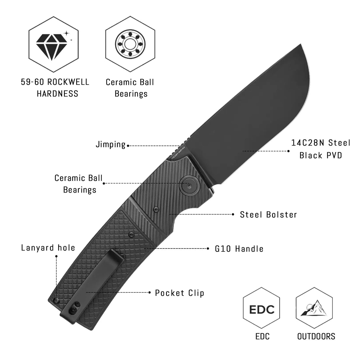 SHOOZIZ XUN122-BGB design features, 14C28N black PVD blade, ceramic ball bearings, steel bolster, black G10 handle, 59-60 HRC.
