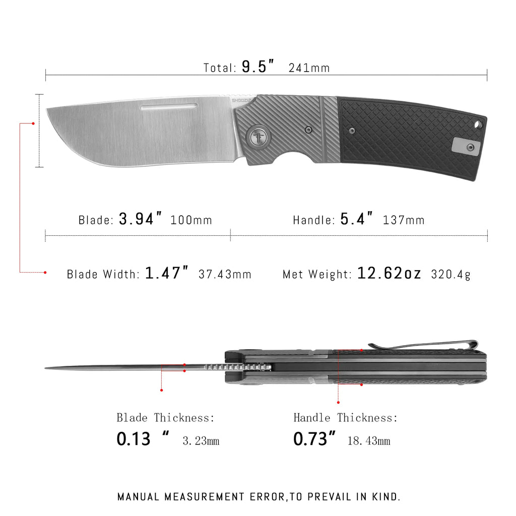 SHOOZIZ XUN122-BGS dimensions, 9.5" total length, 3.94" blade, 5.4" handle, 320.4g weight.