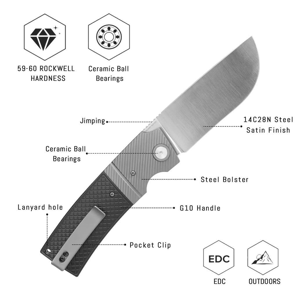 SHOOZIZ XUN122-BGS design features, 14C28N satin blade, ceramic ball bearings, steel bolster, black G10 handle, 59-60 HRC.