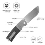 SHOOZIZ XUN122-BGS design features, 14C28N satin blade, ceramic ball bearings, steel bolster, black G10 handle, 59-60 HRC.