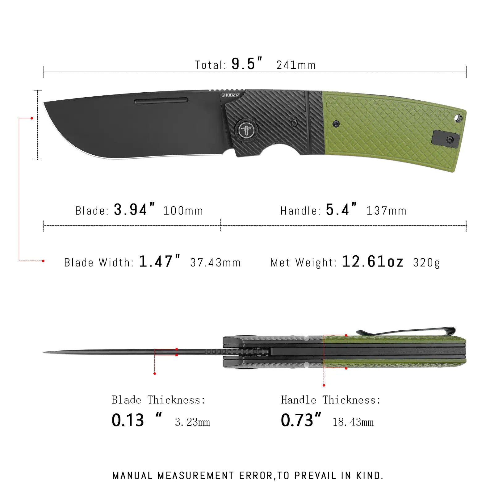 SHOOZIZ XUN122-GGB dimensions, 9.5" total length, 3.94" blade, 5.4" handle, 320g weight.