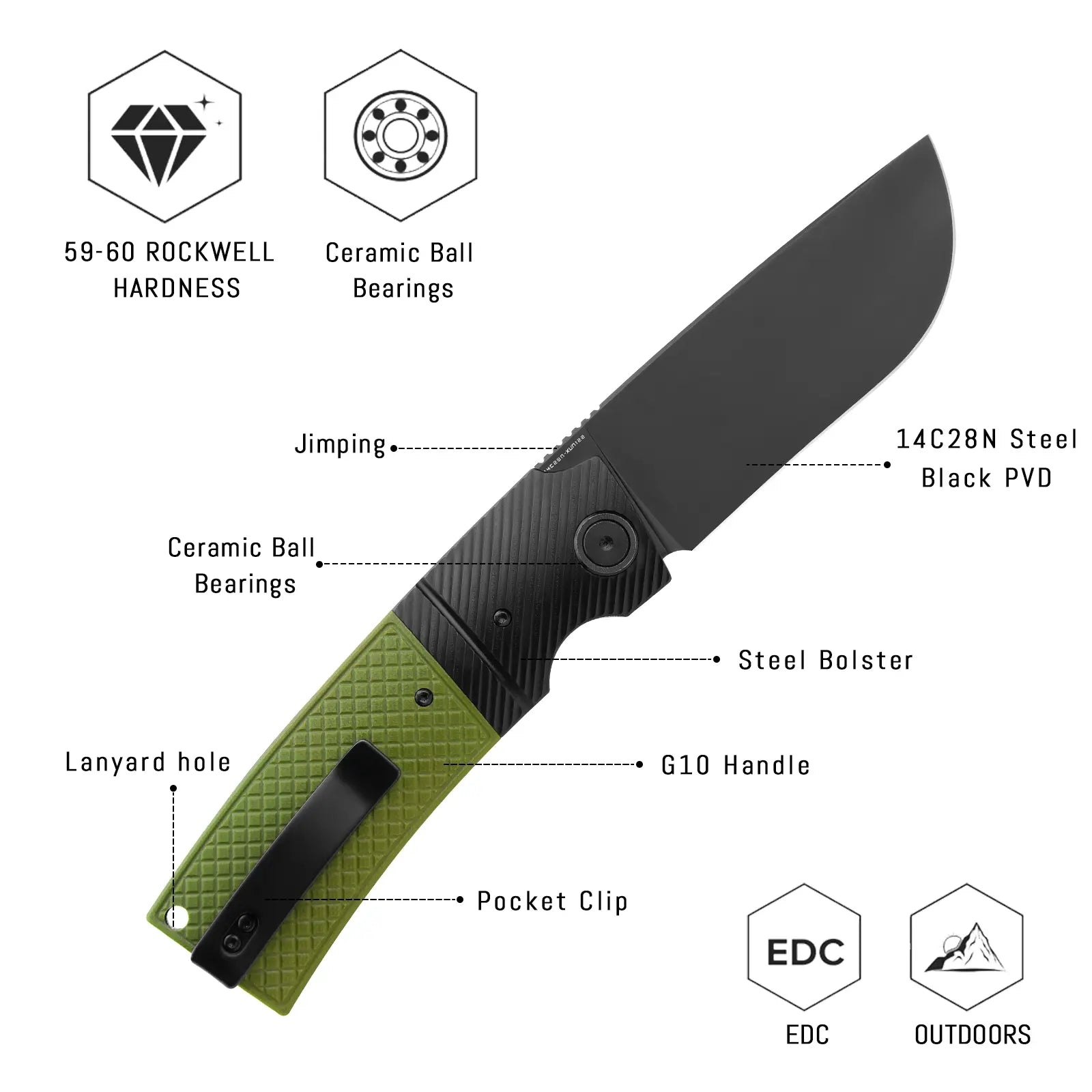 SHOOZIZ XUN122-GGB design features, 14C28N black PVD blade, ceramic ball bearings, steel bolster, green G10 handle, 59-60 HRC.