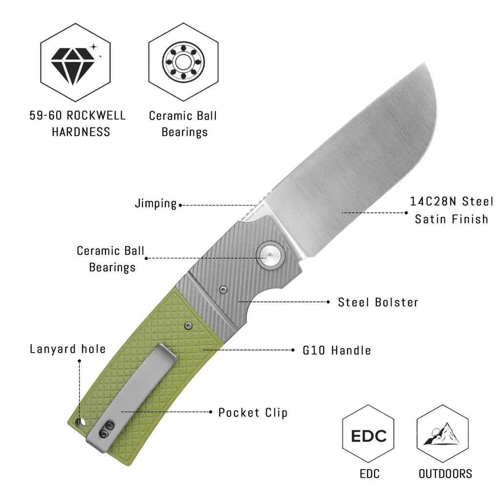 SHOOZIZ XUN122-GGS design features, 14C28N satin blade, ceramic ball bearings, steel bolster, green G10 handle, 59-60 HRC.