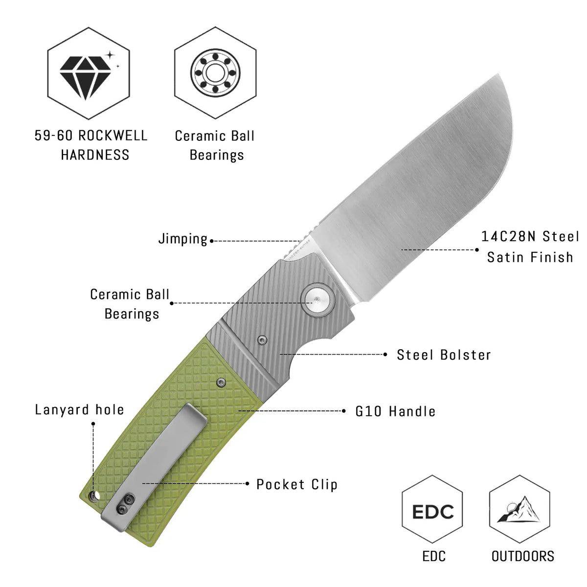 SHOOZIZ XUN122-GGS design features, 14C28N satin blade, ceramic ball bearings, steel bolster, green G10 handle, 59-60 HRC.