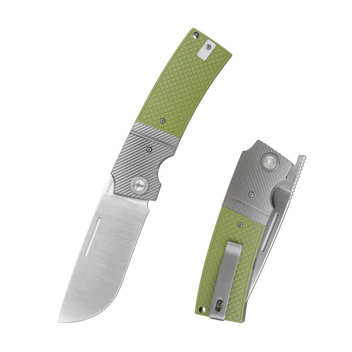 SHOOZIZ XUN122-GGS folding knife, 14C28N steel satin blade, green G10 handle with steel bolster, liner lock.
