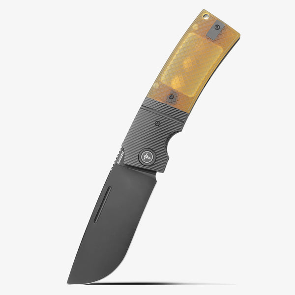 SHOOZIZ XUN122-JUB EDC knife, black PVD 14C28N steel blade, translucent yellow Ultem handle with black steel bolster.