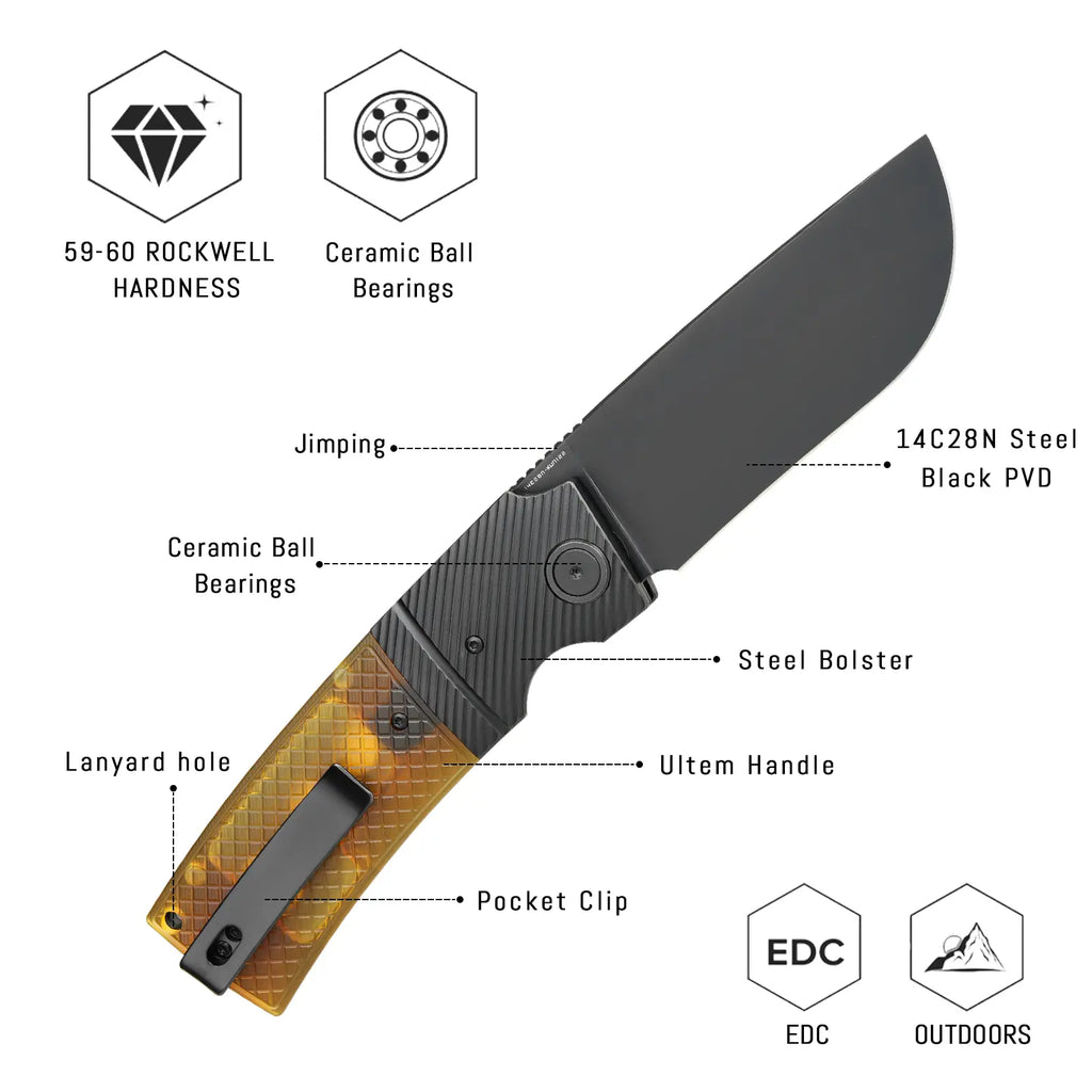 SHOOZIZ XUN122-JUB design features, 14C28N black PVD blade, ceramic ball bearings, steel bolster, translucent yellow Ultem handle, 59-60 HRC.