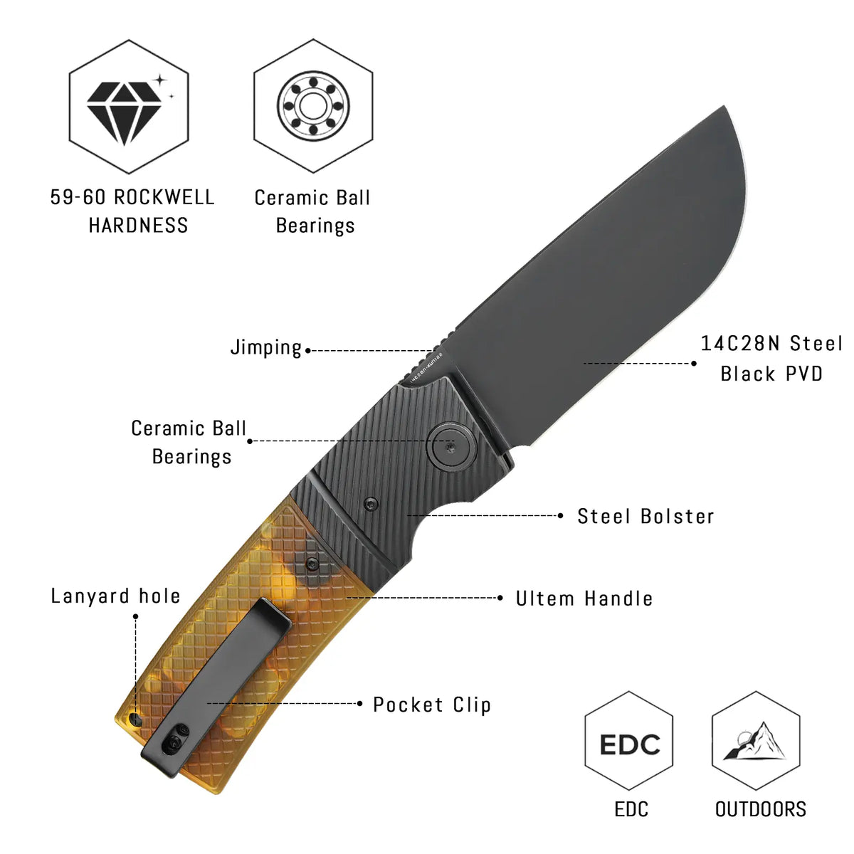 SHOOZIZ XUN122-JUB design features, 14C28N black PVD blade, ceramic ball bearings, steel bolster, translucent yellow Ultem handle, 59-60 HRC.
