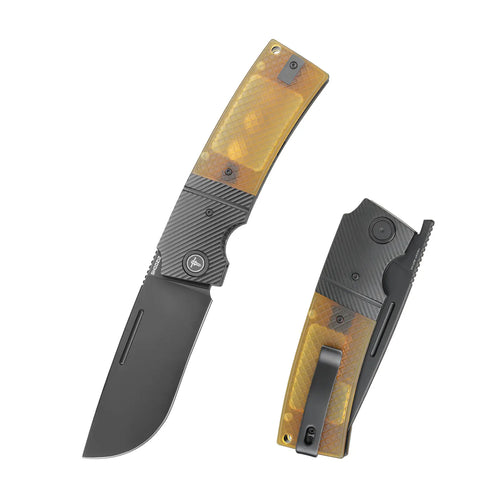 SHOOZIZ XUN122-JUB folding knife, 14C28N steel black PVD blade, translucent yellow Ultem handle with black steel bolster, liner lock.