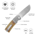 SHOOZIZ XUN122-JUS design features, 14C28N satin blade, ceramic ball bearings, steel bolster, translucent yellow Ultem handle, 59-60 HRC.