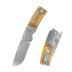 SHOOZIZ XUN122-JUS folding knife, 14C28N steel satin blade, translucent yellow Ultem handle with steel bolster, liner lock.
