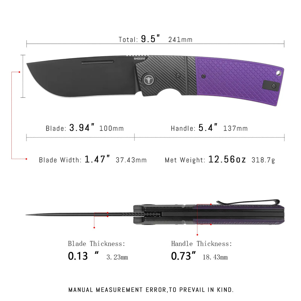 SHOOZIZ XUN122-PGB dimensions, 9.5" total length, 3.94" blade, 5.4" handle, 318.7g weight.