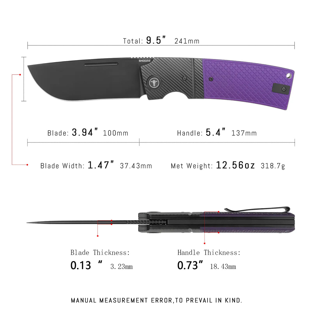 SHOOZIZ XUN122-PGB dimensions, 9.5" total length, 3.94" blade, 5.4" handle, 318.7g weight.