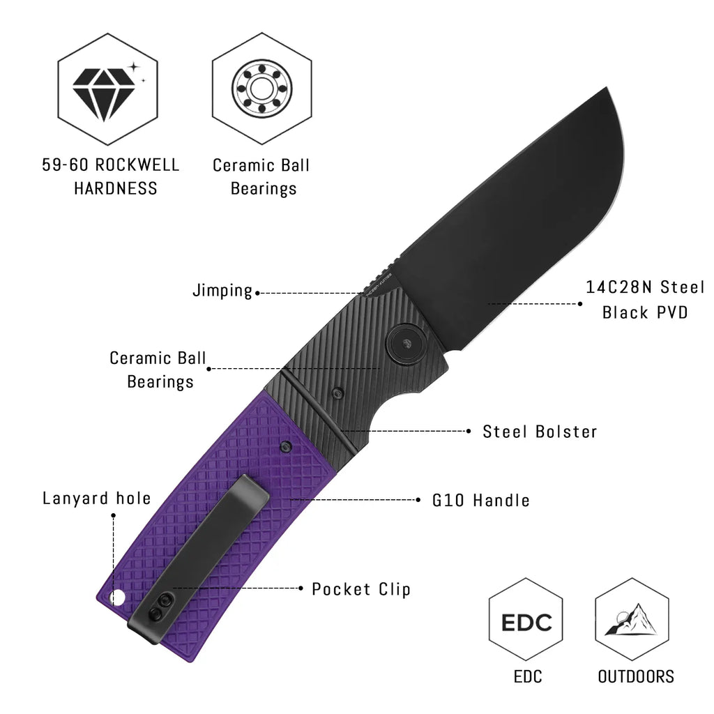 SHOOZIZ XUN122-PGB design features, 14C28N black PVD blade, ceramic ball bearings, steel bolster, purple G10 handle, 59-60 HRC.