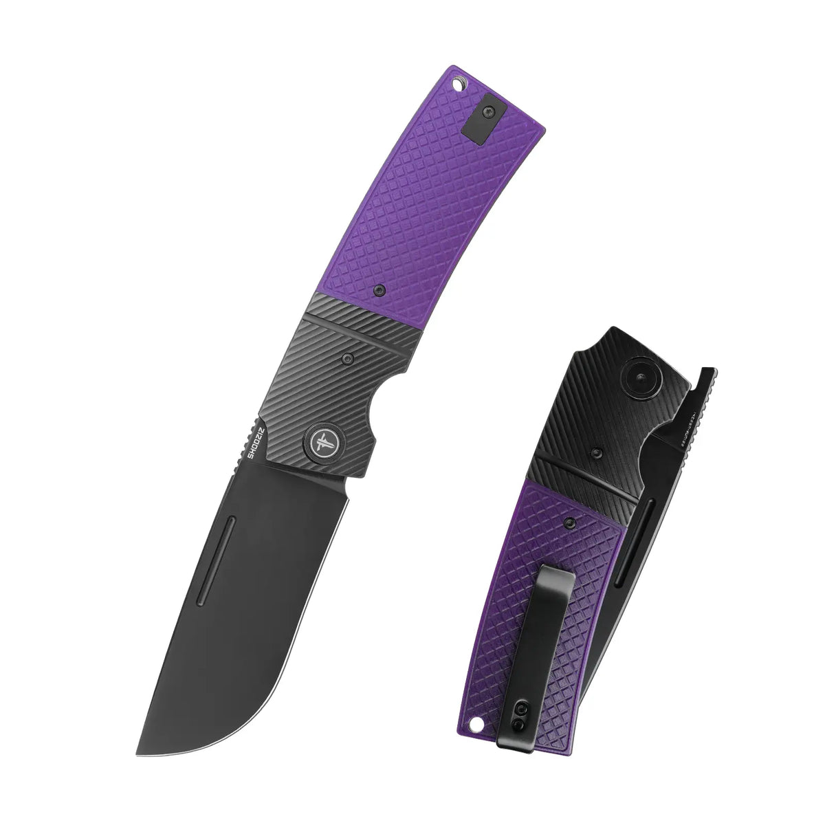 SHOOZIZ XUN122-PGB folding knife, 14C28N steel black PVD blade, purple G10 handle with black steel bolster, liner lock.
