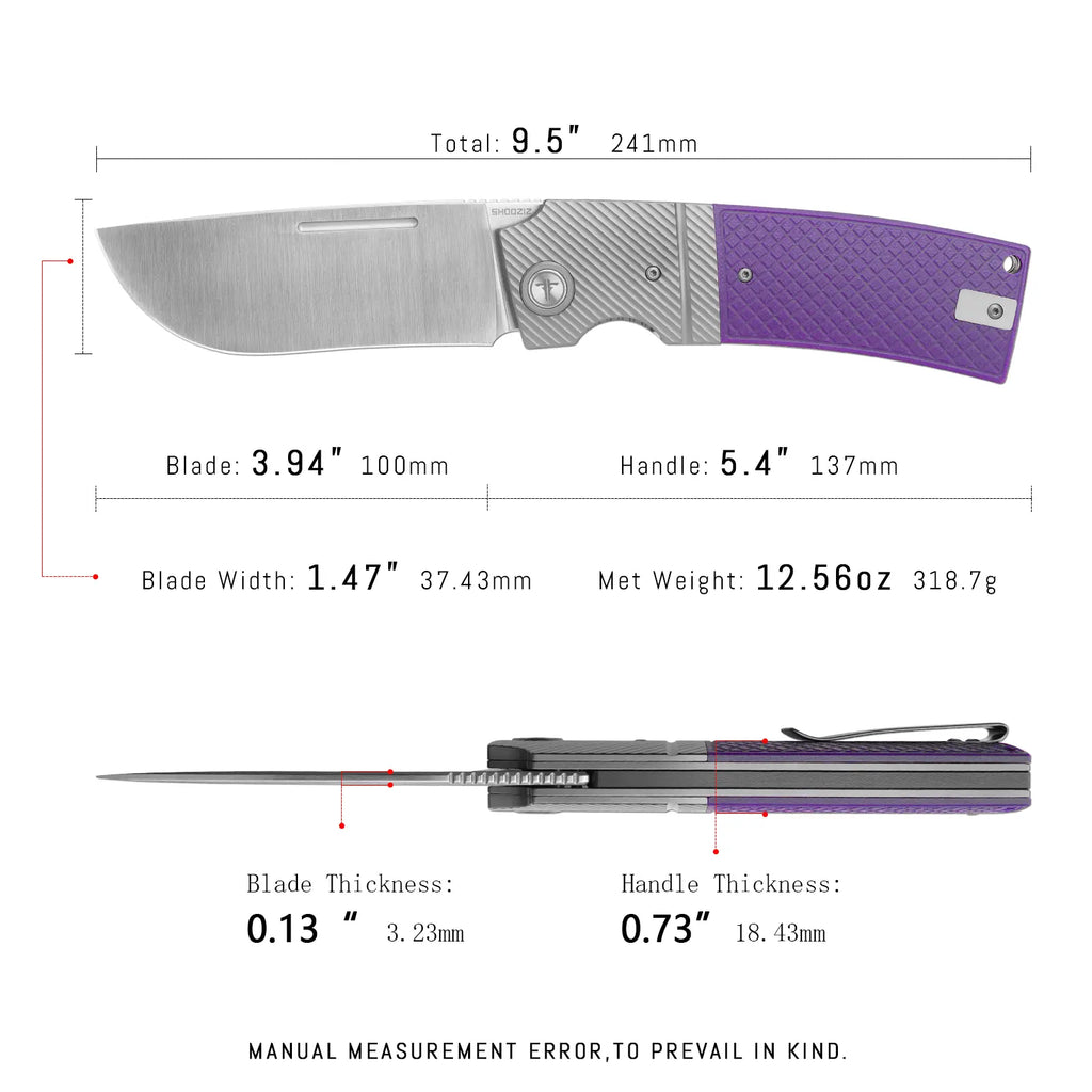 SHOOZIZ XUN122-PGS dimensions, 9.5" total length, 3.94" blade, 5.4" handle, 318.7g weight.