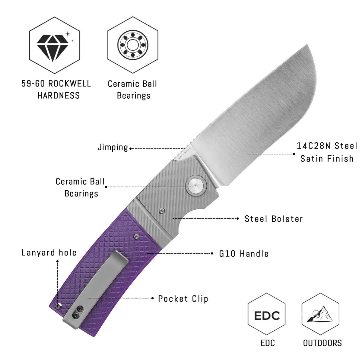 SHOOZIZ XUN122-PGS design features, 14C28N satin blade, ceramic ball bearings, steel bolster, purple G10 handle, 59-60 HRC.