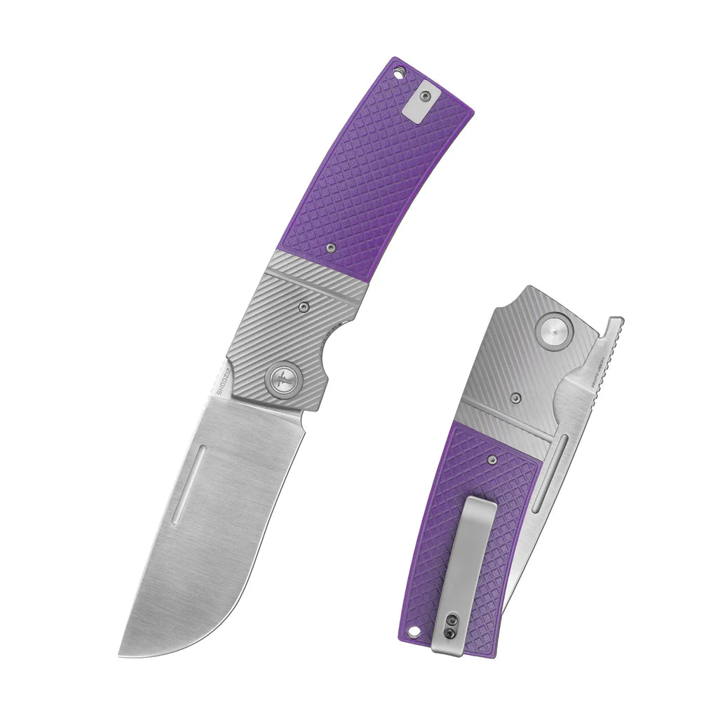 SHOOZIZ XUN122-PGS folding knife, 14C28N steel satin blade, purple G10 handle with steel bolster, liner lock.