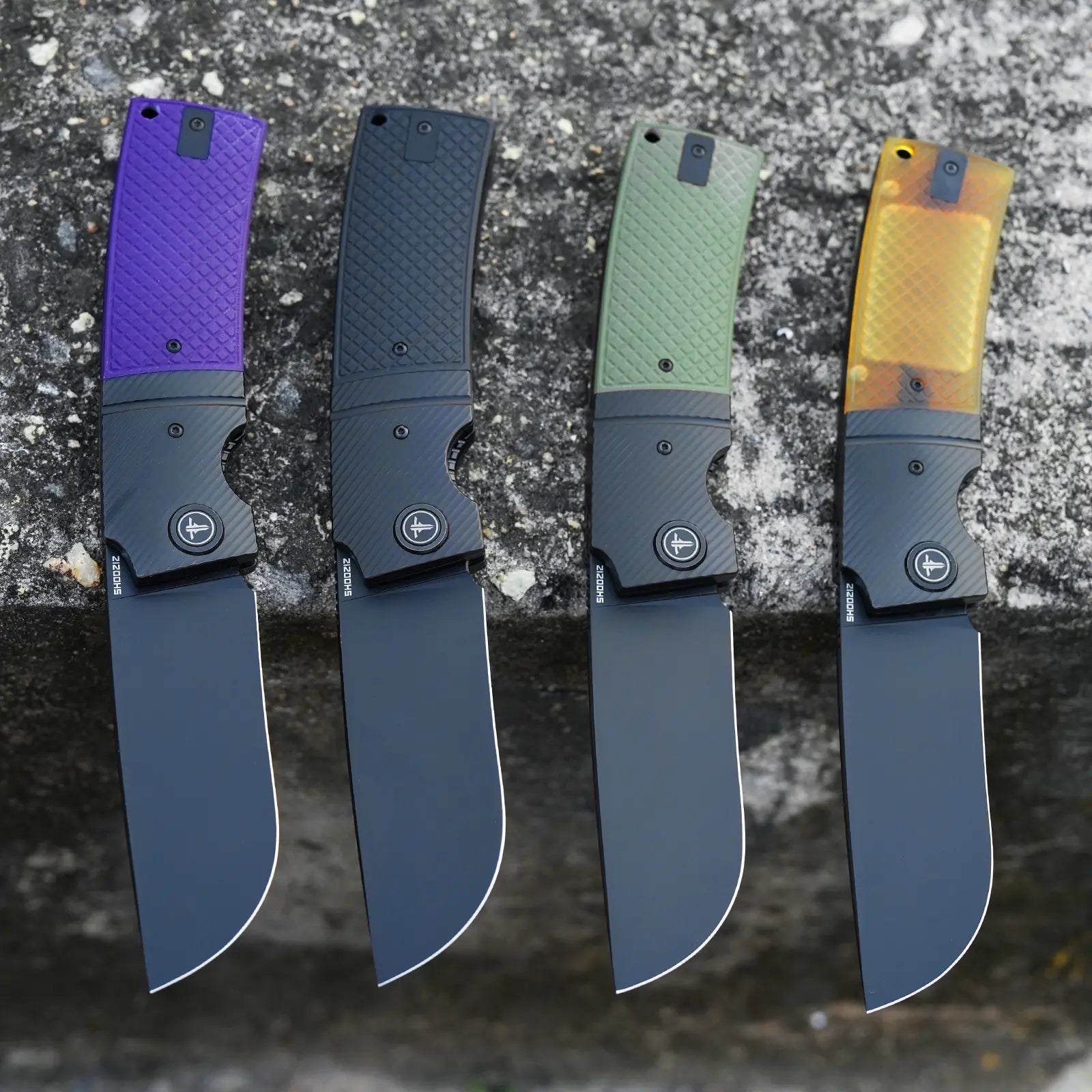 SHOOZIZ XUN122 black PVD models lineup open, featuring purple G10, black G10, green G10, and Ultem handles with black steel bolsters.