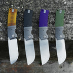 SHOOZIZ XUN122 satin models lineup open, featuring Ultem, black G10, purple G10, and green G10 handles with steel bolsters.