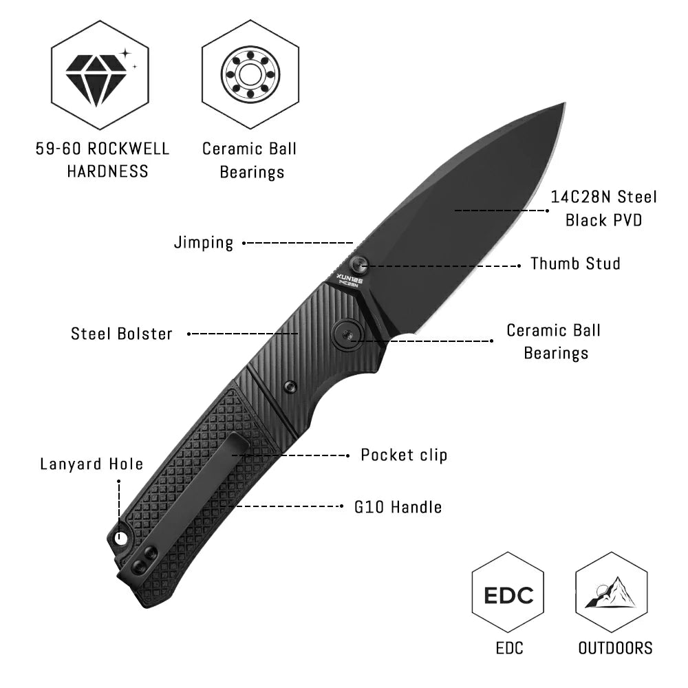 SHOOZIZ XUN125-BGB liner lock folder, 14C28N steel black PVD, black G10, ceramic bearing, 4.53 inch closed