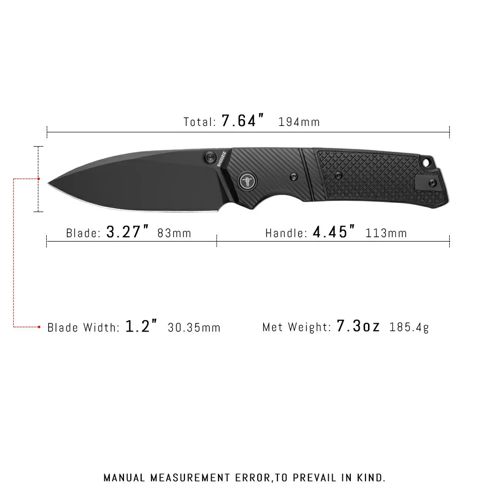 SHOOZIZ XUN125-BGB tactical pocket knife, black PVD 14C28N blade, black G10 handle, 7.72 inch overall, everyday carry