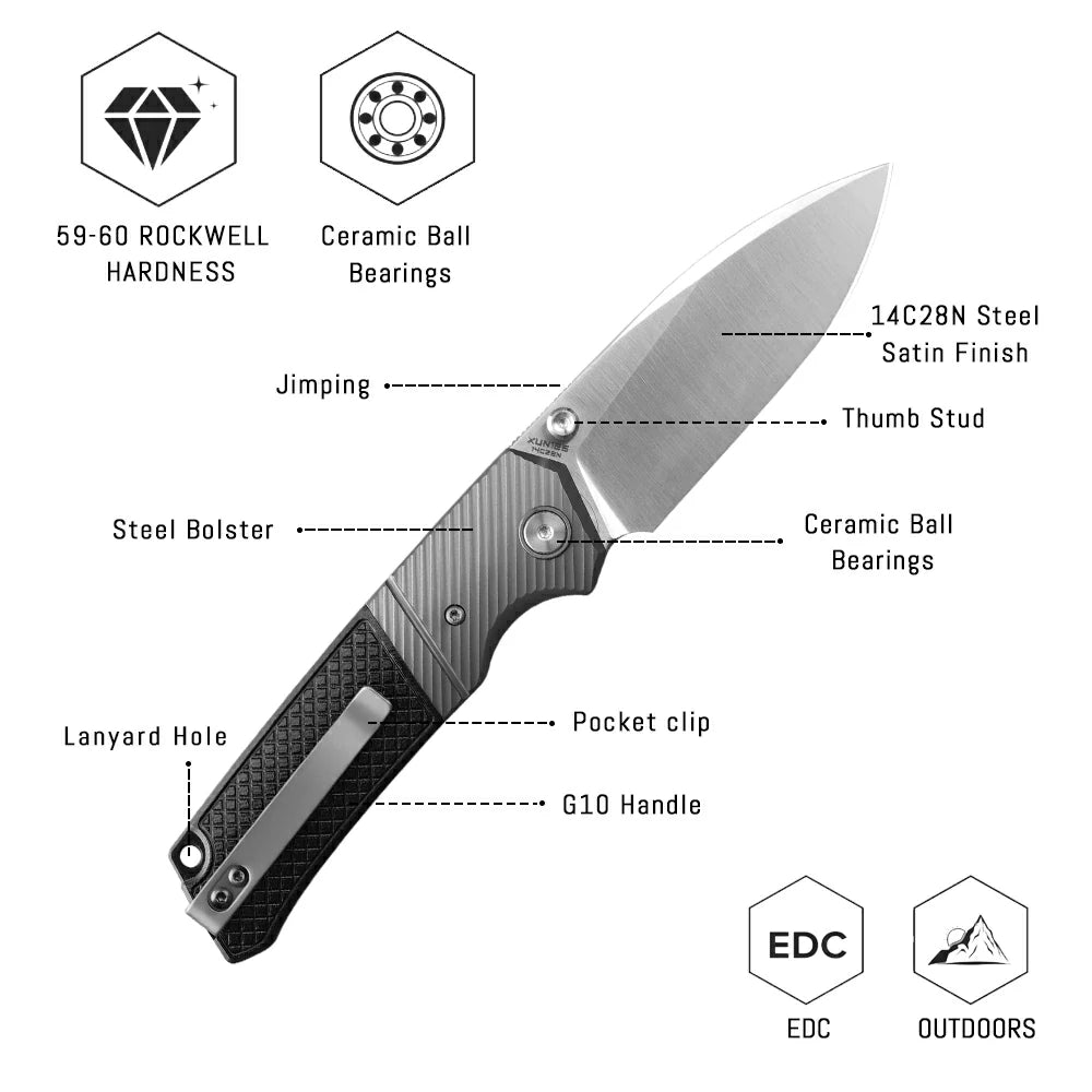 SHOOZIZ XUN125-BGS liner lock folder, 14C28N steel satin, black G10, ceramic bearing, 4.53 inch closed