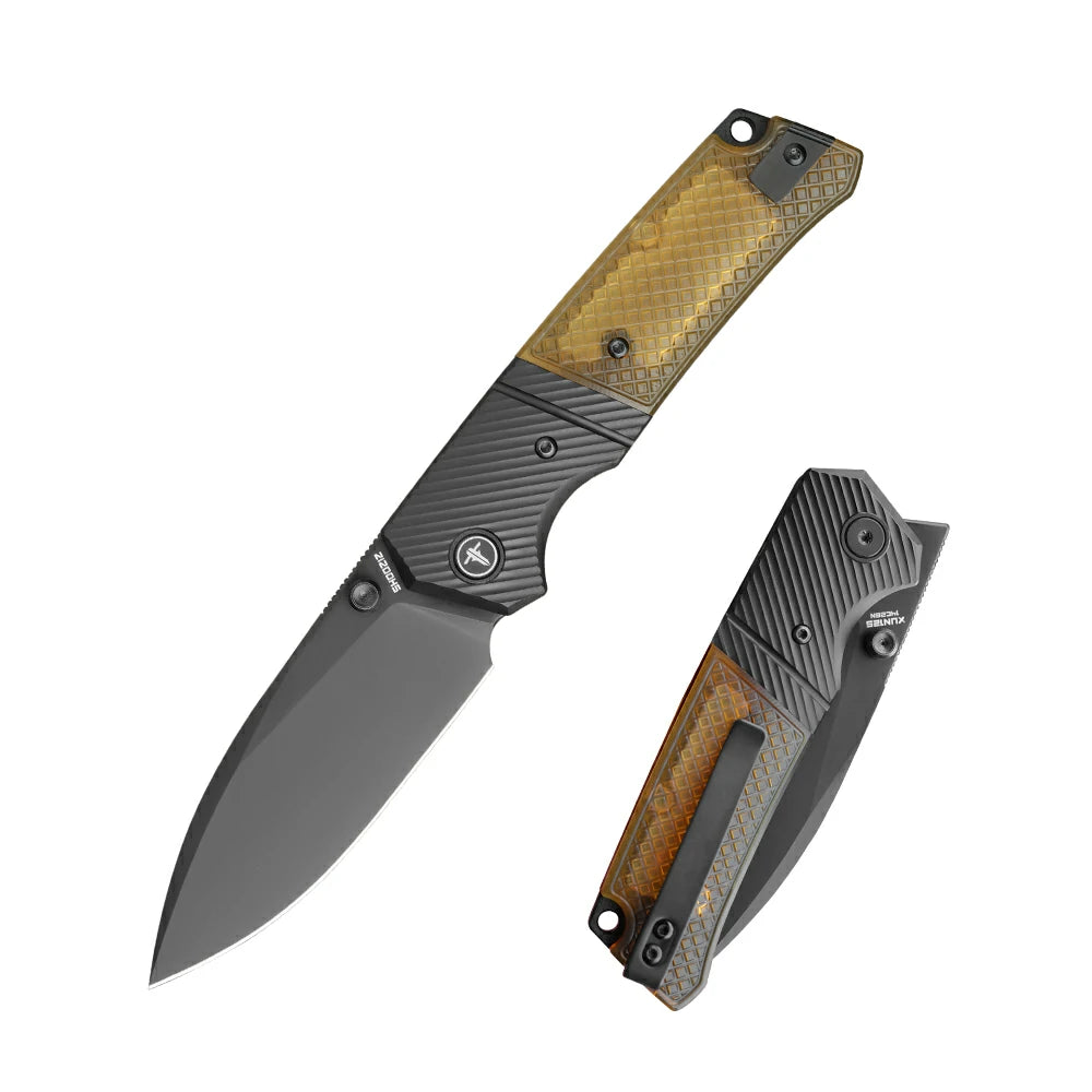 SHOOZIZ XUN125-JUB EDC folding knife, 14C28N steel blade with black PVD finish, translucent Ultem handle, liner lock, 3.39 inch blade