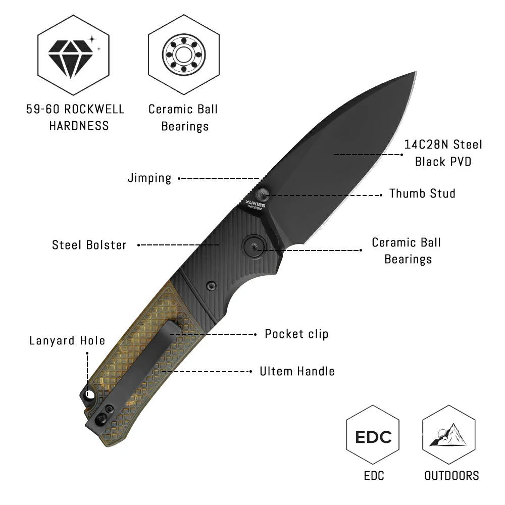 SHOOZIZ XUN125-JUB liner lock folder, 14C28N steel black PVD, Ultem, ceramic bearing, 4.53 inch closed