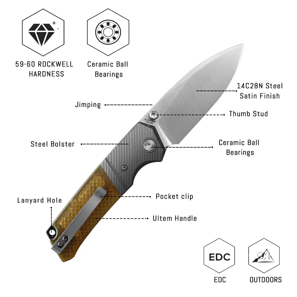 SHOOZIZ XUN125-JUS liner lock folder, 14C28N steel satin, Ultem, ceramic bearing, 4.53 inch closed