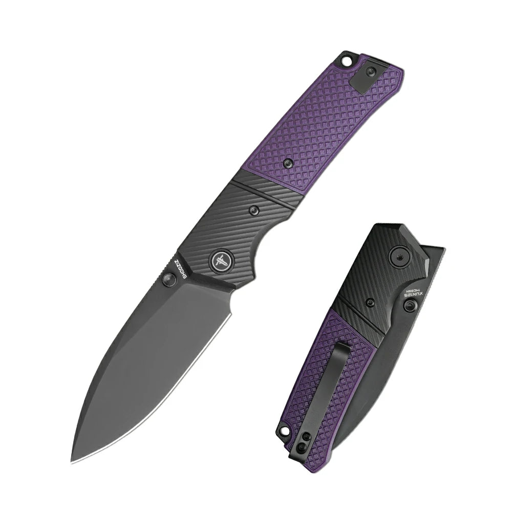 SHOOZIZ XUN125-PGB EDC folding knife, 14C28N steel blade with black PVD finish, purple G10 handle, liner lock, 3.39 inch blade