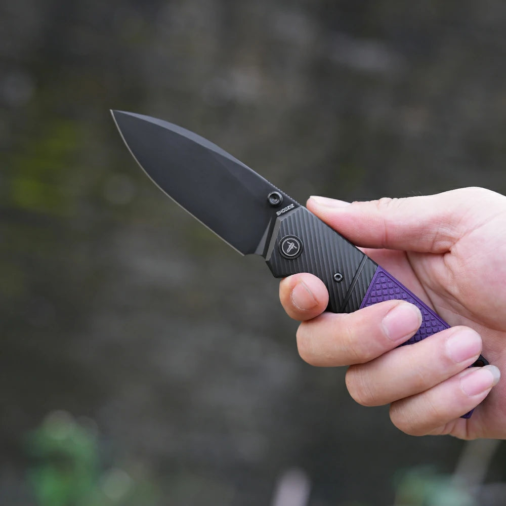 SHOOZIZ XUN125-PGB everyday carry knife, purple G10 handle, black PVD 14C28N blade, pocket clip, 58-59 HRC