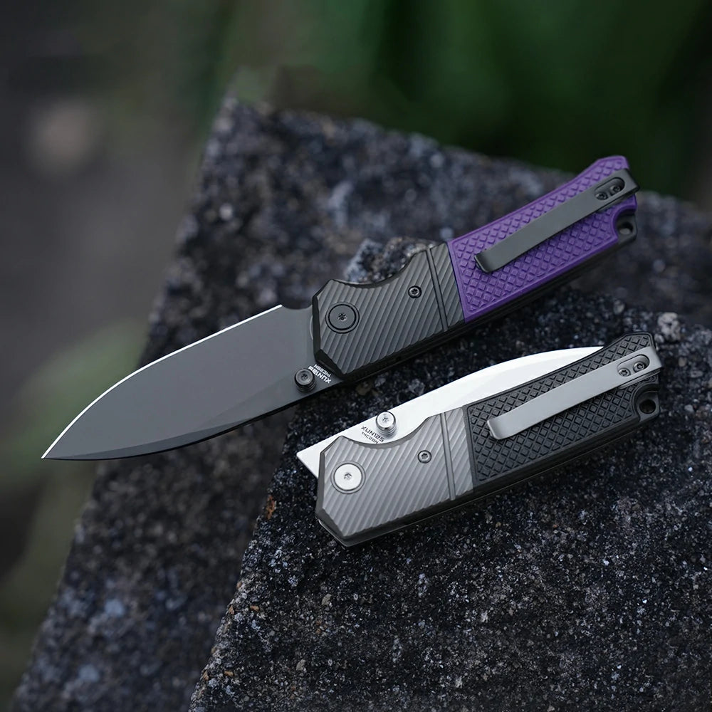 SHOOZIZ XUN125-PGB purple G10 handle folding knife, black PVD 14C28N blade, liner lock, EDC, 3.39 inch blade