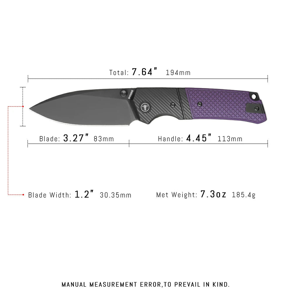 SHOOZIZ XUN125-PGB tactical pocket knife, black PVD 14C28N blade, purple G10 handle, 7.72 inch overall, everyday carry