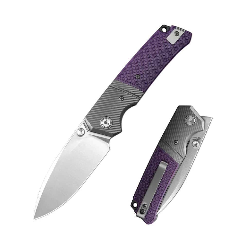 SHOOZIZ XUN125-PGS EDC folding knife, 14C28N steel blade with satin finish, purple G10 handle, liner lock, 3.39 inch blade