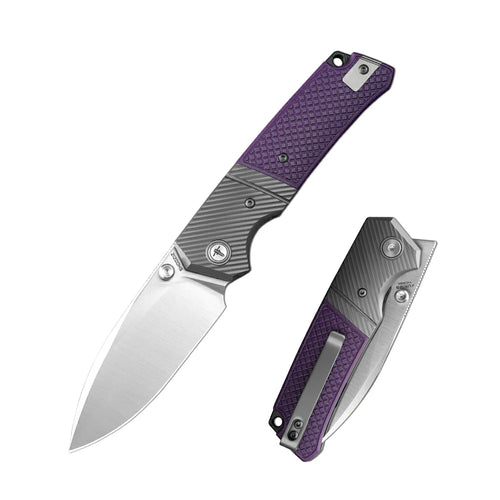 SHOOZIZ XUN125-PGS EDC folding knife, 14C28N steel blade with satin finish, purple G10 handle, liner lock, 3.39 inch blade