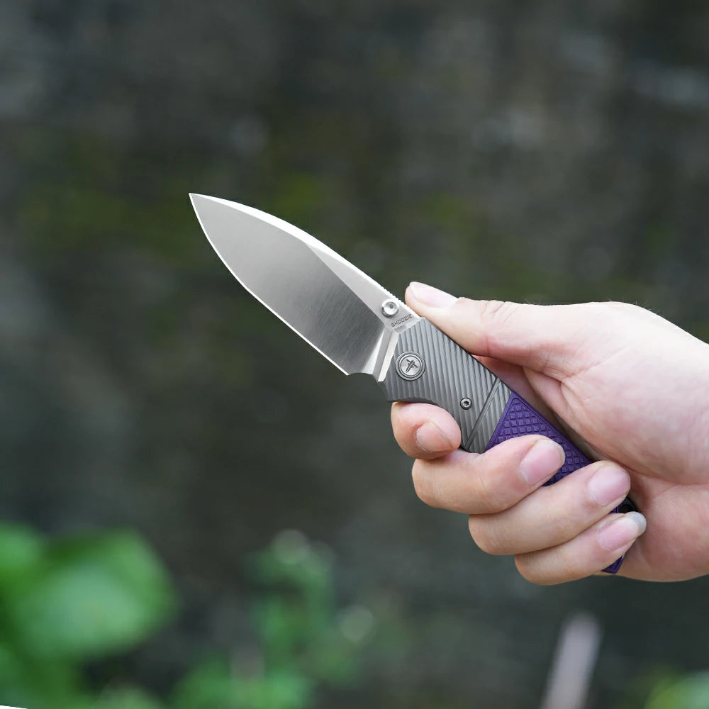 SHOOZIZ XUN125-PGS everyday carry knife, purple G10 handle, satin 14C28N blade, pocket clip, 58-59 HRC