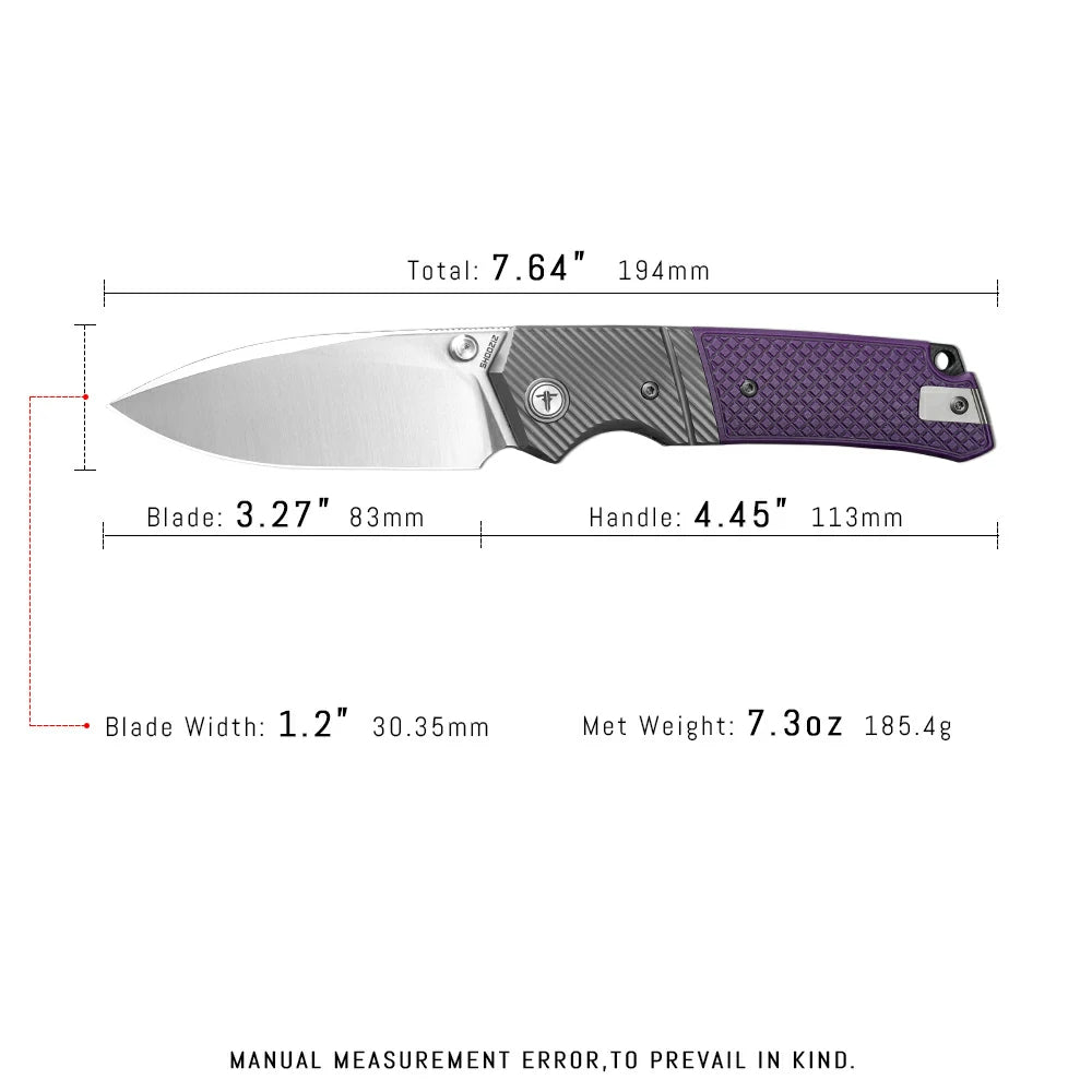 SHOOZIZ XUN125-PGS pocket knife, satin 14C28N blade, purple G10 handle, 7.72 inch overall, everyday carry